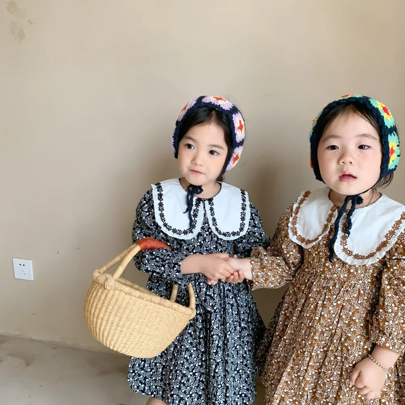 Korėjos vaikų 2022 m. pavasario mergaičių princesė nėrinių sujungimas gėlių vaikų ilgas rankovėmis suknelė